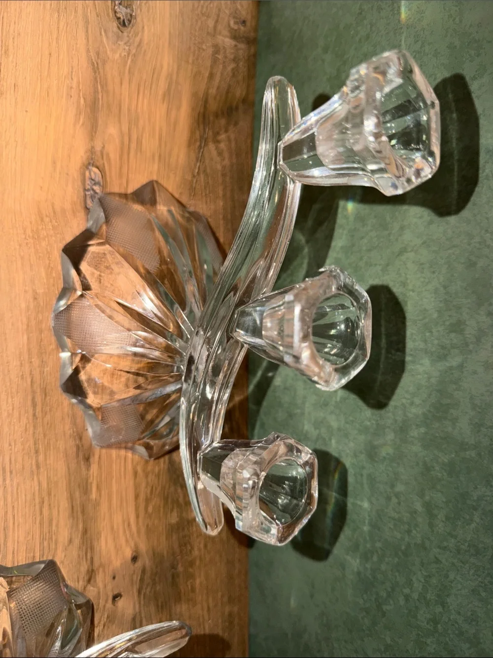 Vintage Crystal 3 Arm Candle Holder - Clear Glass set of two